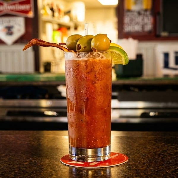 A Bloody Mary cocktail garnished with olives, lime, and bacon, on a bar counter.