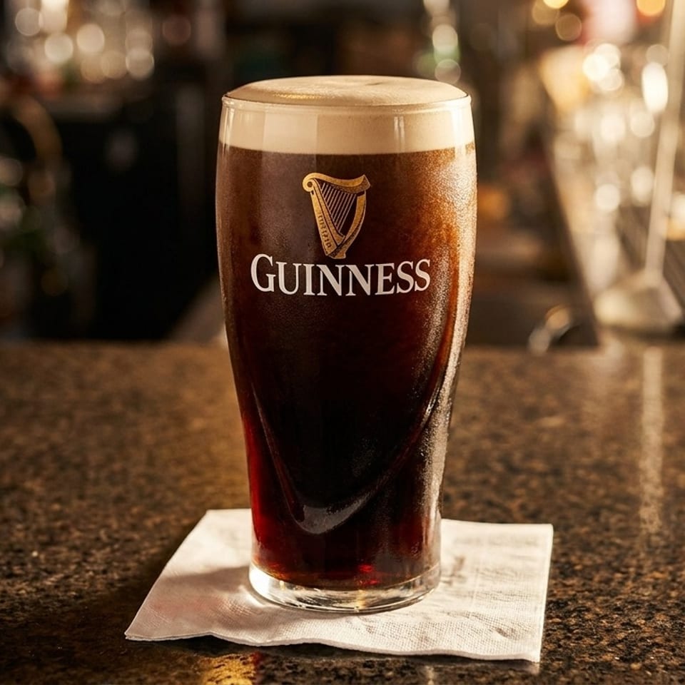 A pint of Guinness beer with a creamy head sits on a napkin on a dark bar.